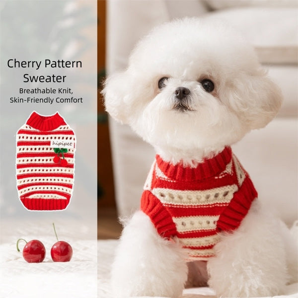 HKM-5630141 Knitted Cherry Pullover Sweater for Small Dogs and Cats, Soft and Warm, Red and White Striped Design