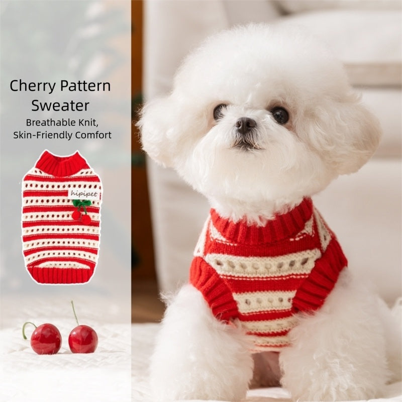 HKM-5630141 Knitted Cherry Pullover Sweater for Small Dogs and Cats, Soft and Warm, Red and White Striped Design