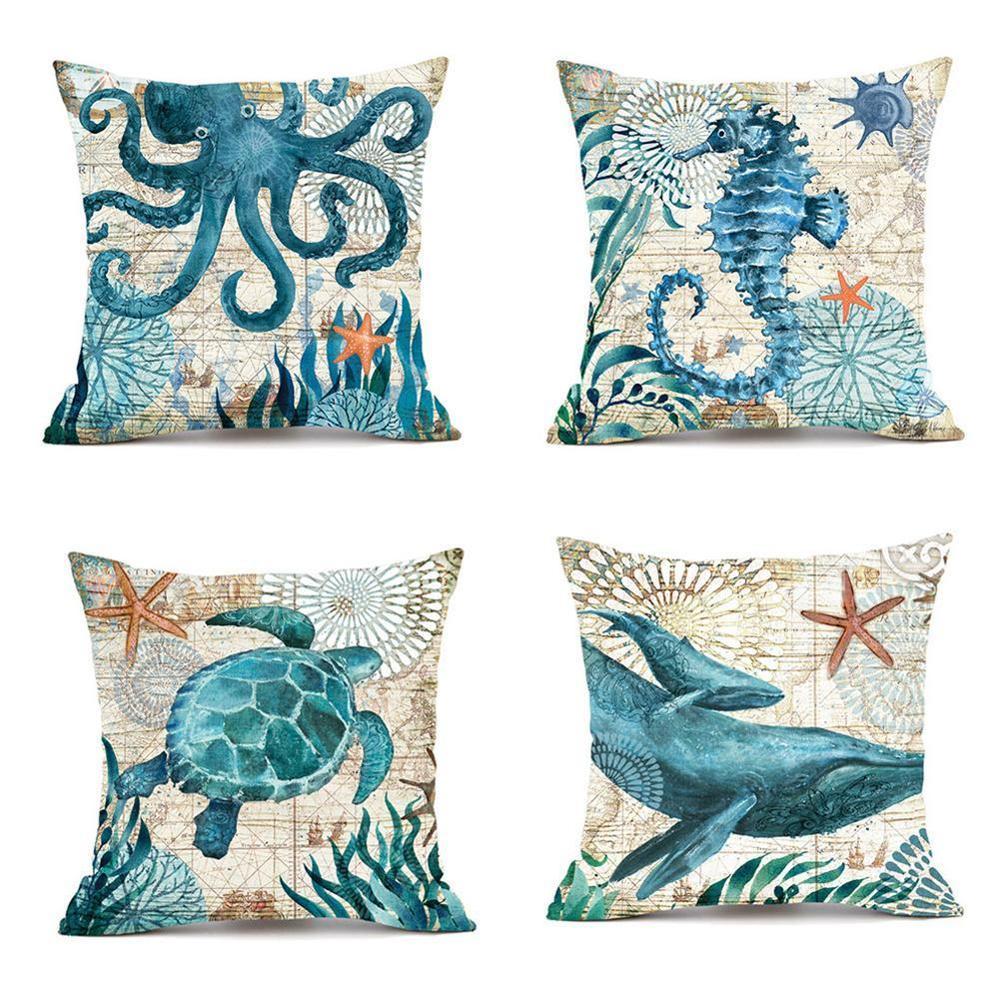 HKM-563283 Linen Chair Cushion with Marine Animal Design and Flax Filling, Perfect for Any Room