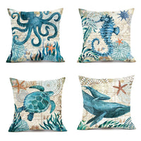 HKM-563283 Linen Chair Cushion with Marine Animal Design and Flax Filling, Perfect for Any Room