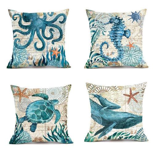 HKM-563283 Linen Chair Cushion with Marine Animal Design and Flax Filling, Perfect for Any Room