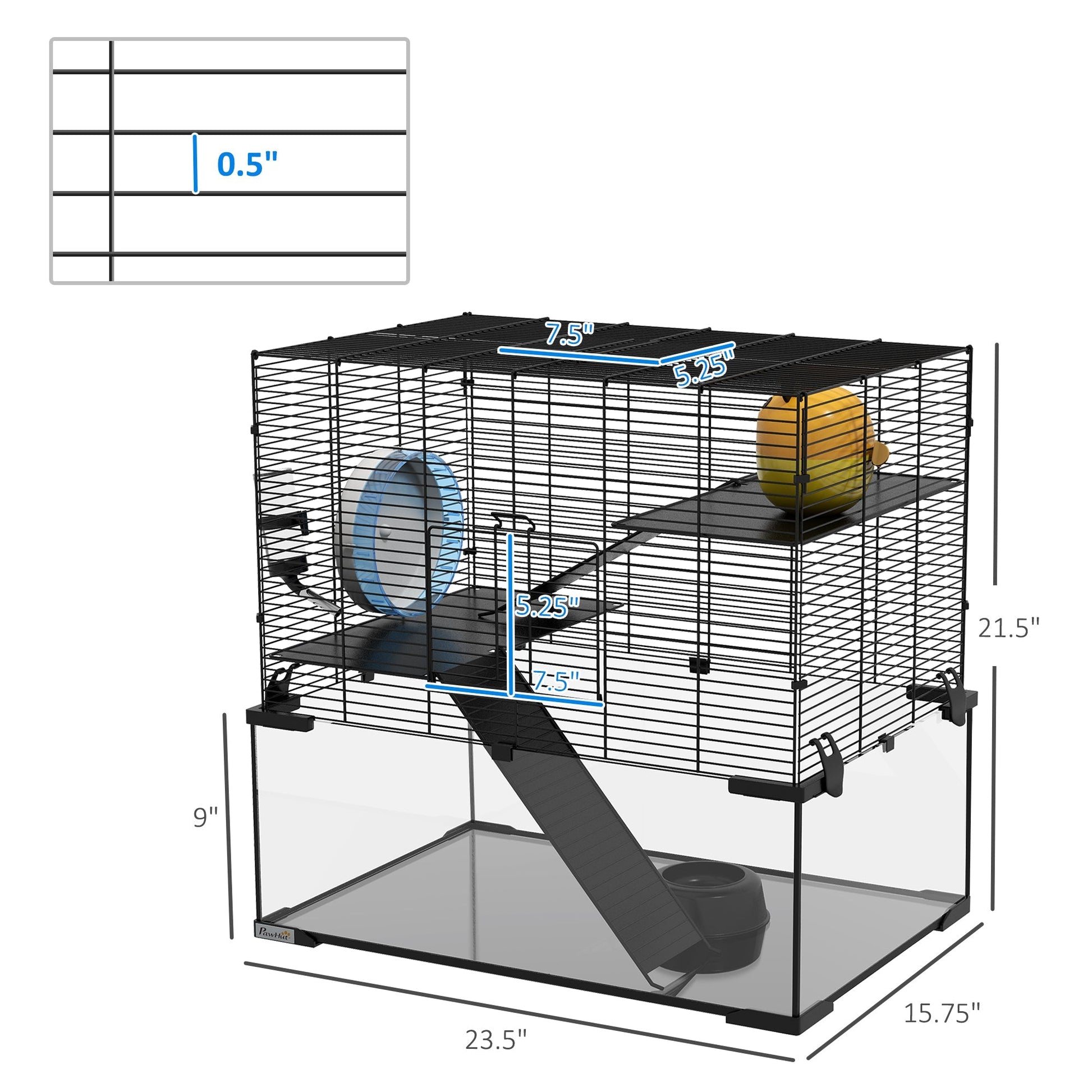HKM-5635005 Spacious 3-Tier Hamster Cage with Tempered Glass Bottom and Accessories