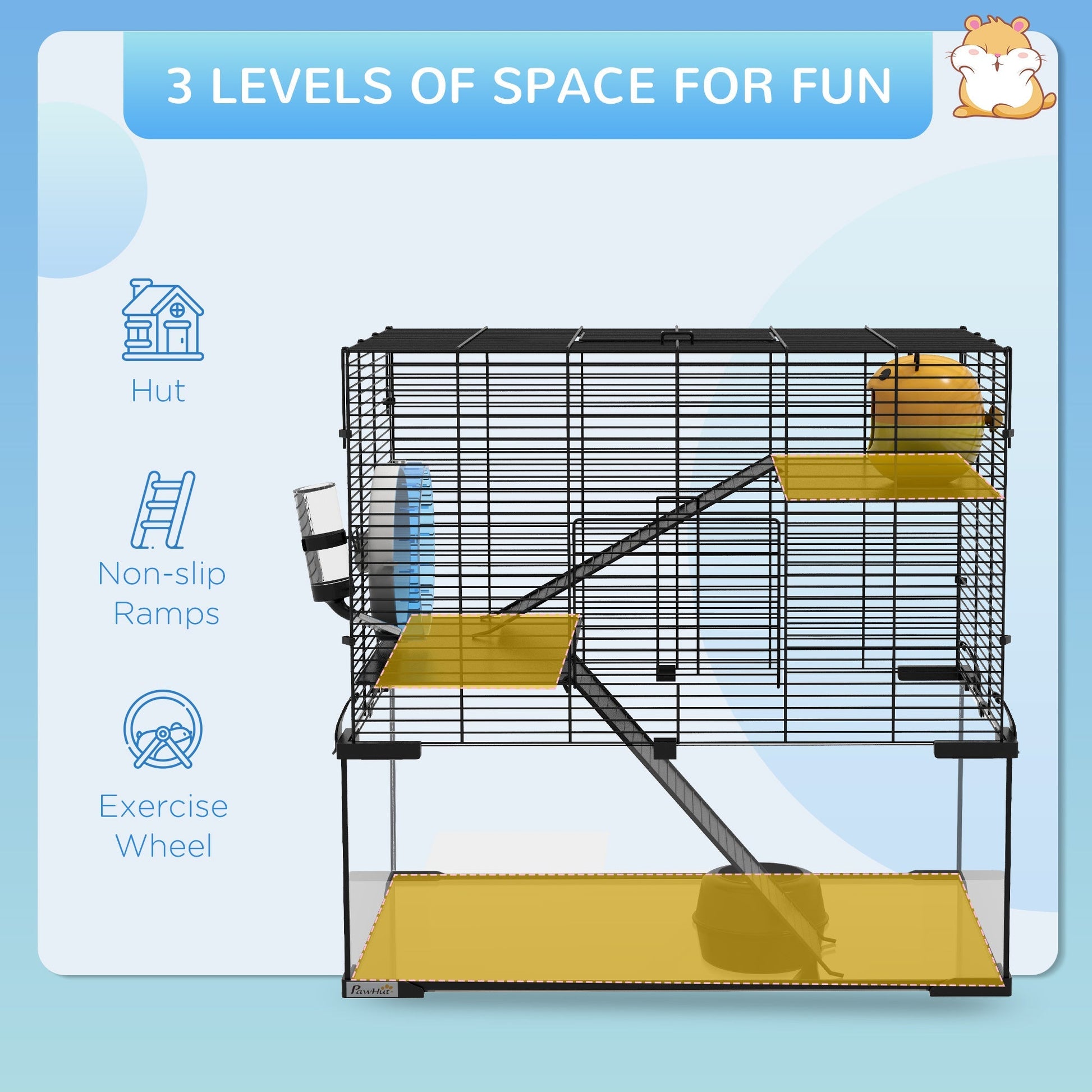 HKM-5635005 Spacious 3-Tier Hamster Cage with Tempered Glass Bottom and Accessories