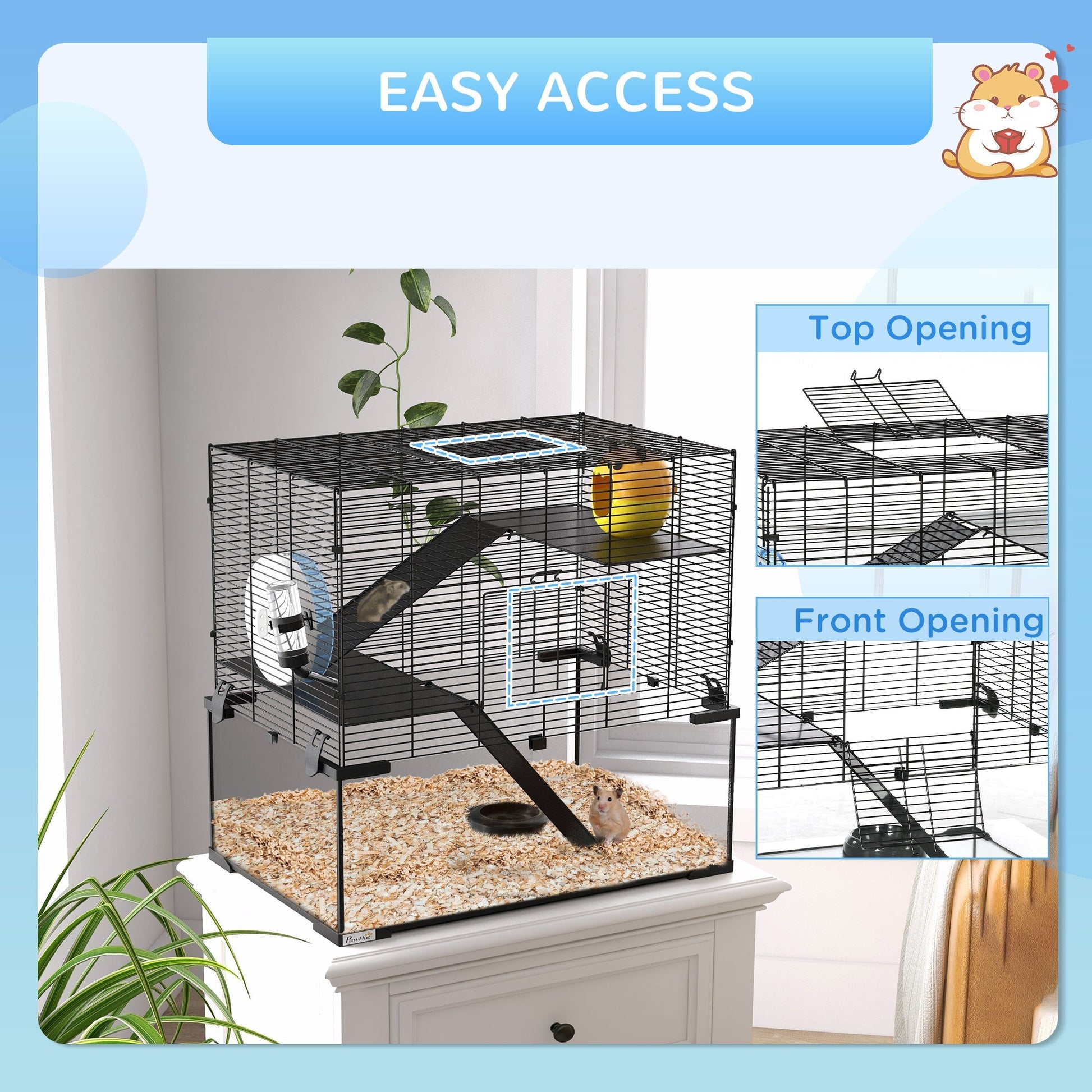 HKM-5635005 Spacious 3-Tier Hamster Cage with Tempered Glass Bottom and Accessories