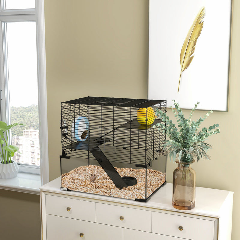 HKM-5635005 Spacious 3-Tier Hamster Cage with Tempered Glass Bottom and Accessories