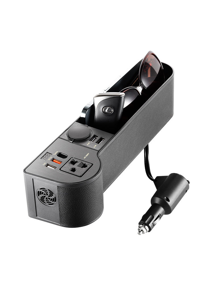HKM-563795 150W 12V to 220V Car Power Inverter with Storage Box and Multi-functional Charging Capabilities