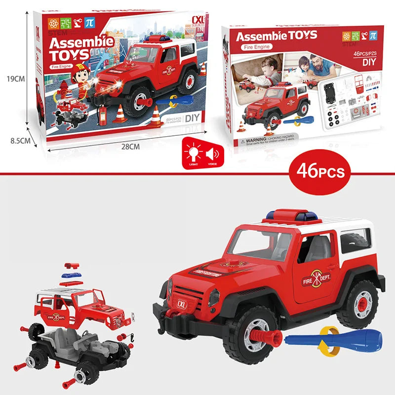 HKM-563859 Puzzle Assembly Fire Truck Toy with Lights and Sounds for Kids, Educational DIY Building Block Set
