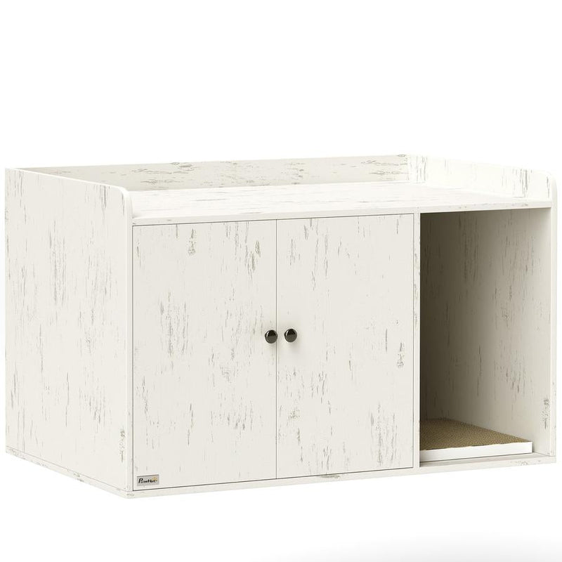 HKM-563923 Cat Litter Box Enclosure with Scratching Mat and Cat Entrance in Distressed White Finish
