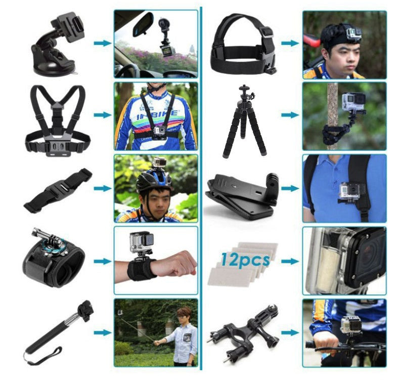 HKM-563987 Universal Action Camera Accessory Kit with Suction Cup, Mounts, Grips, and Carry Case