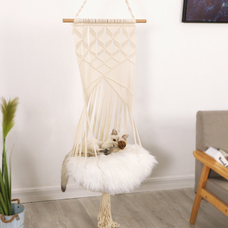 HKM-5640765 Handmade Macrame Pet Swing Cage for Indoor and Outdoor Use, Ideal for Bedrooms and Living Spaces