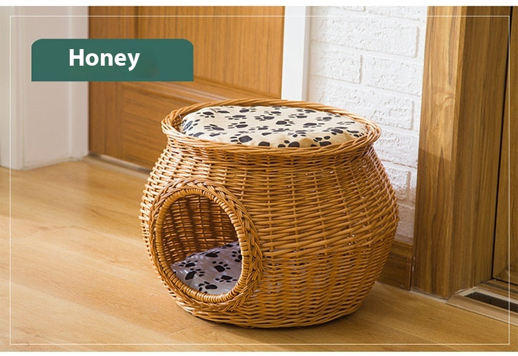 HKM-5641149 Rattan Cat Nest - Summer Cool Wicker Cat House for Comfortable Resting