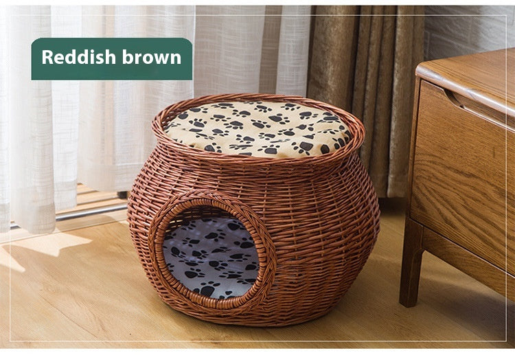 HKM-5641149 Rattan Cat Nest - Summer Cool Wicker Cat House for Comfortable Resting