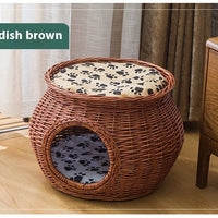 HKM-5641149 Rattan Cat Nest - Summer Cool Wicker Cat House for Comfortable Resting