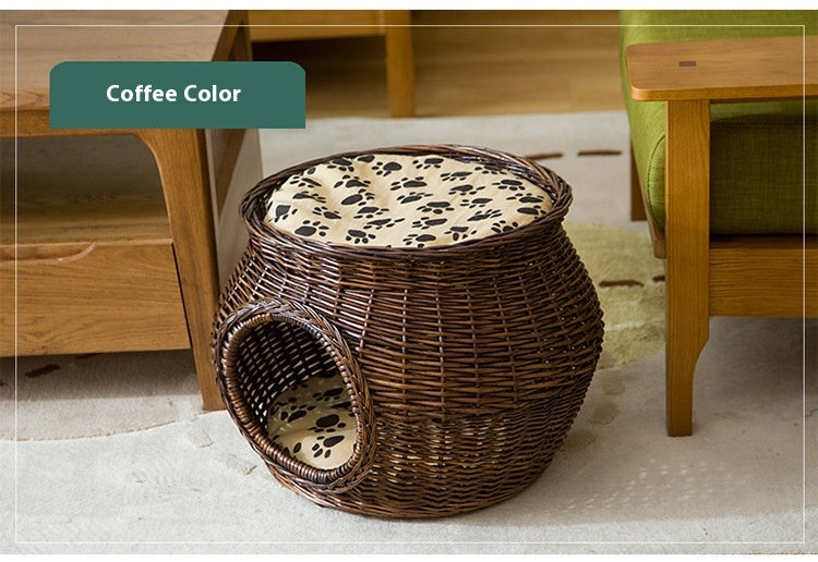 HKM-5641149 Rattan Cat Nest - Summer Cool Wicker Cat House for Comfortable Resting