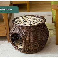 HKM-5641149 Rattan Cat Nest - Summer Cool Wicker Cat House for Comfortable Resting