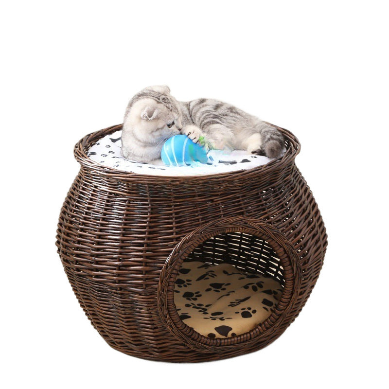 HKM-5641149 Rattan Cat Nest - Summer Cool Wicker Cat House for Comfortable Resting