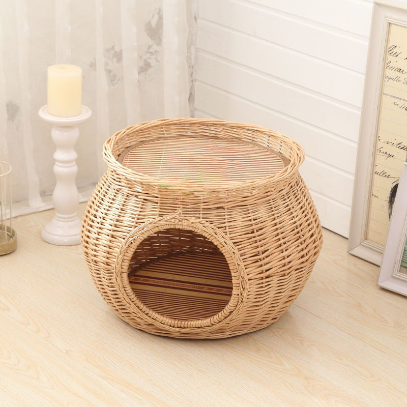 HKM-5641149 Rattan Cat Nest - Summer Cool Wicker Cat House for Comfortable Resting