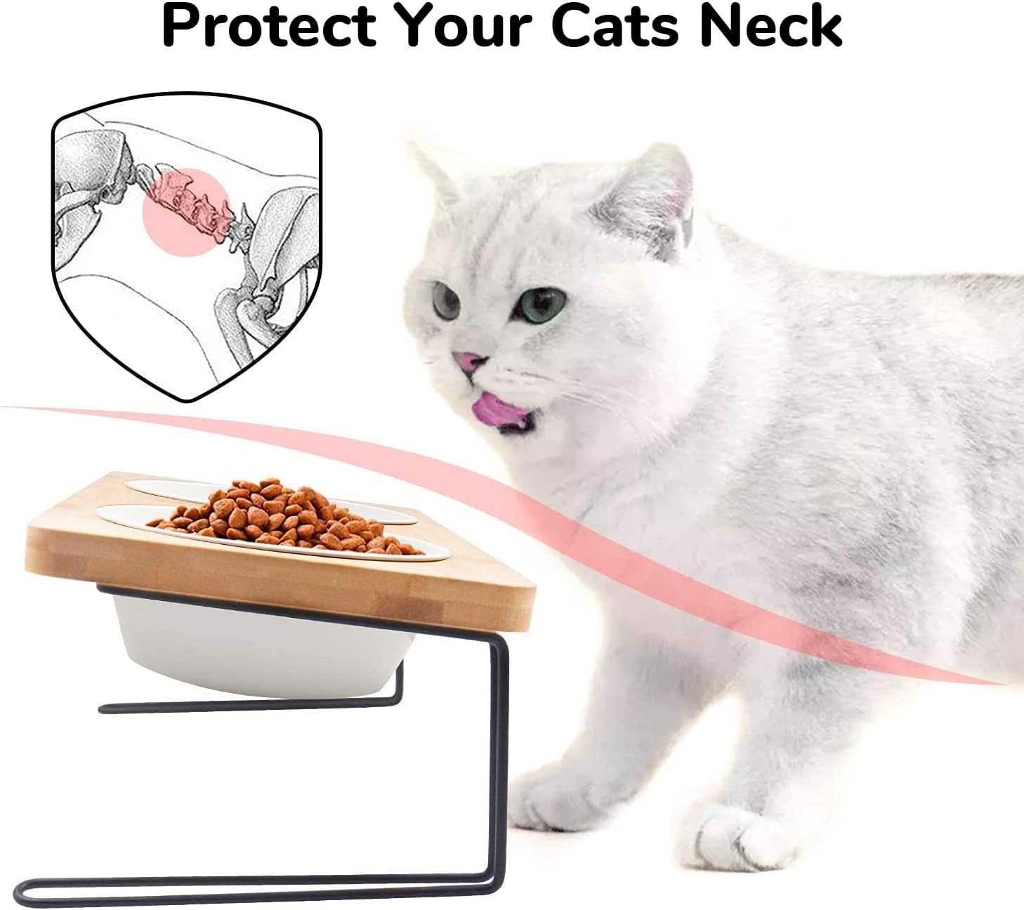 HKM-5644349 Tilted Ceramic Feeding Bowl Set with Bamboo Stand for Small Dogs and Cats