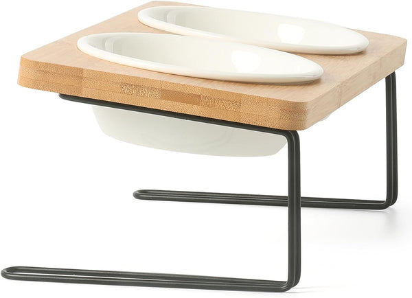 HKM-5644349 Tilted Ceramic Feeding Bowl Set with Bamboo Stand for Small Dogs and Cats