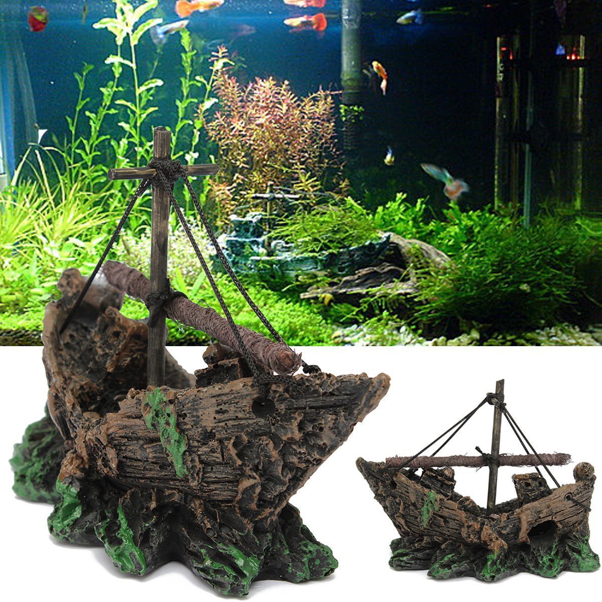 HKM-564435 Small Net Boat Aquarium Decoration - Eco-Friendly Resin Fish Tank Accessory
