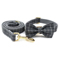 HKM-5644861 Stylish Grey Plaid Dog Collar with Golden Metal Button, Adjustable Nylon Design