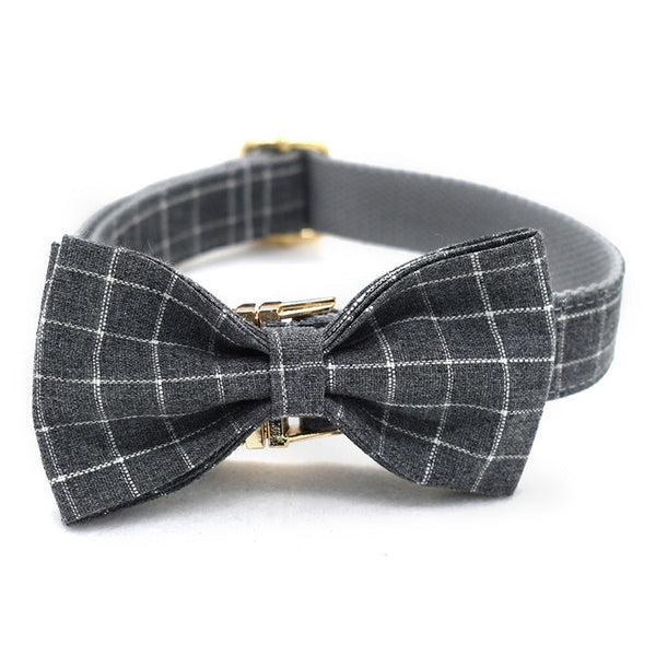 HKM-5644861 Stylish Grey Plaid Dog Collar with Golden Metal Button, Adjustable Nylon Design