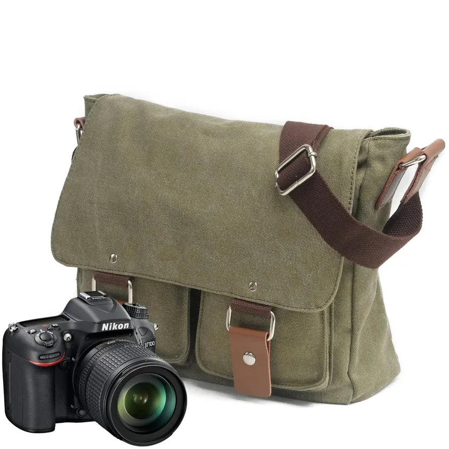 HKM-564627 Unisex Retro Canvas Crossbody Camera Bag with Cowhide Leather Trim