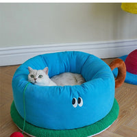 HKM-5646909 Sky Blue Teacup Dog Bed - Cozy Flannel Pet Kennel for Cats and Dogs, Size L65xW65xH30cm