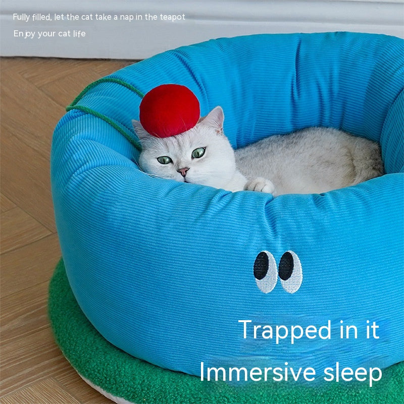 HKM-5646909 Sky Blue Teacup Dog Bed - Cozy Flannel Pet Kennel for Cats and Dogs, Size L65xW65xH30cm