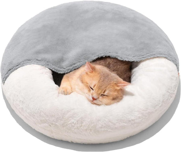 HKM-564755 Enclosed Cat Bed Cave with Washable Blanket & Non-Slip Base for Cats and Small Dogs, 22''x22'', White