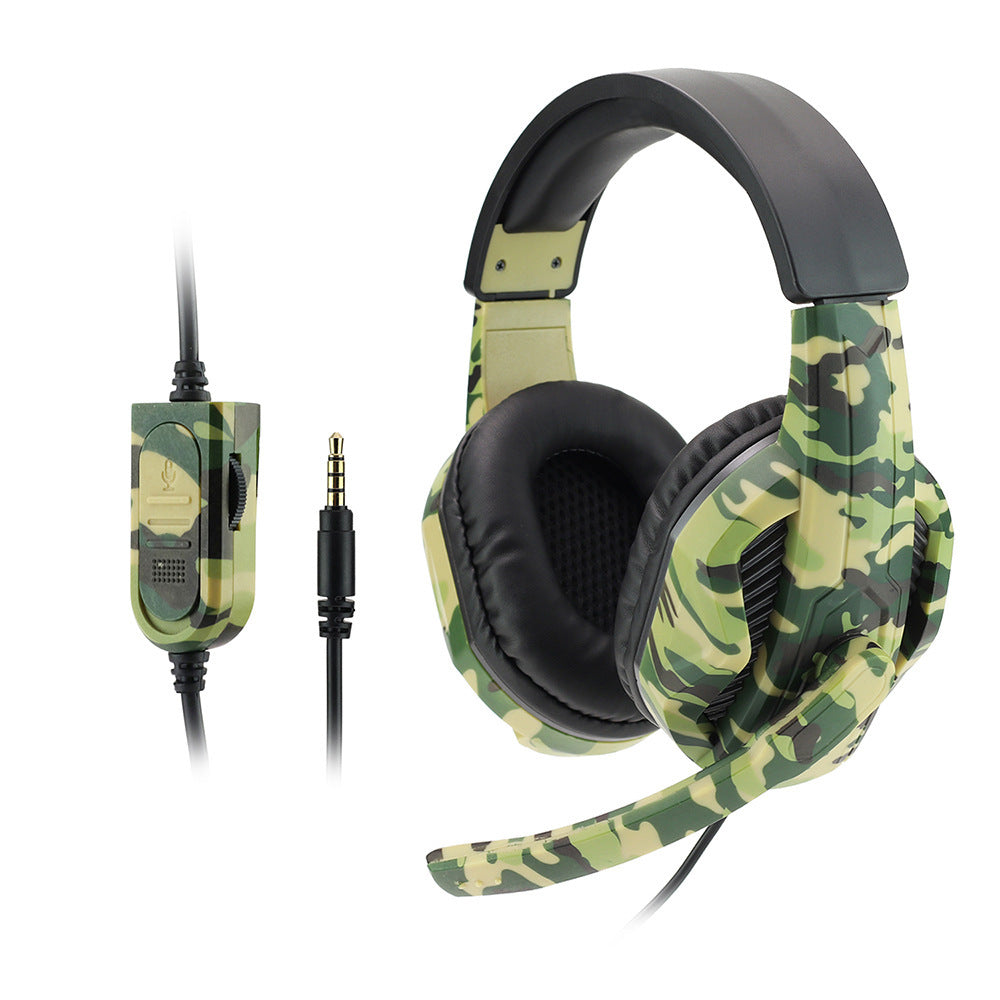 HKM-564819 Camouflage Wired Gaming Headset with Microphone - Army Green Color, 3.5mm Plug, 40mm Drivers