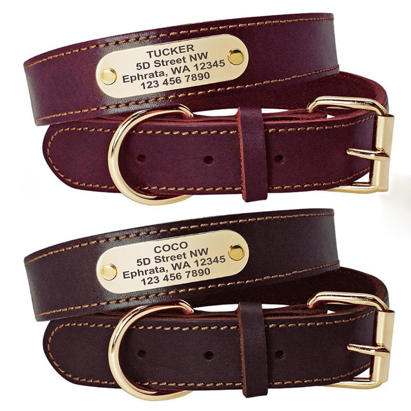 HKM-5648701 Personalized Cowhide Dog Collar with Nameplate ID Tag for Medium to Large Dogs