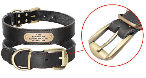 HKM-5648701 Personalized Cowhide Dog Collar with Nameplate ID Tag for Medium to Large Dogs