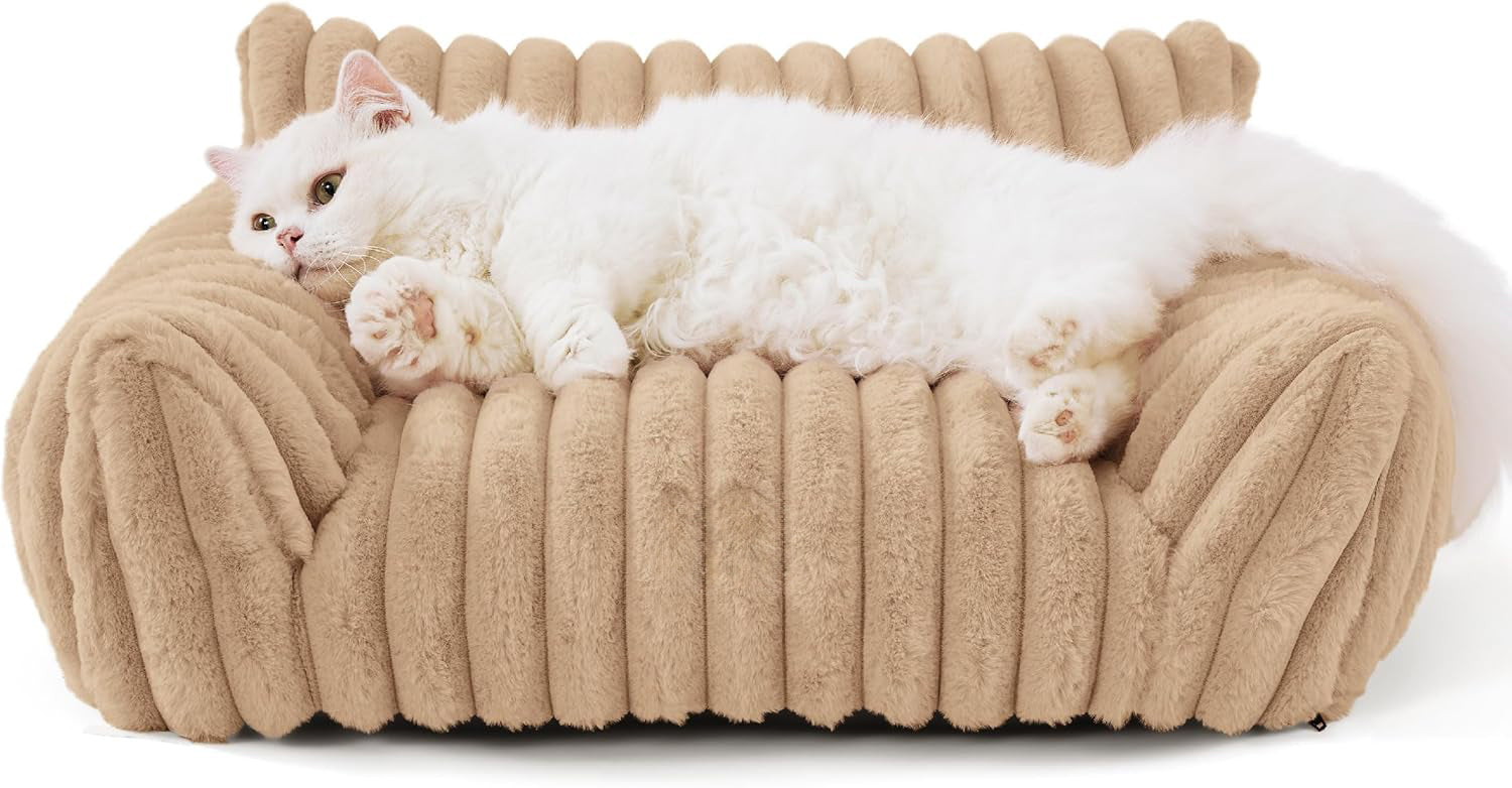 HKM-5650109 Fluffy Cat Couch Bed for Pets - Soft Corduroy Fleece with Supportive Three-Sided Design