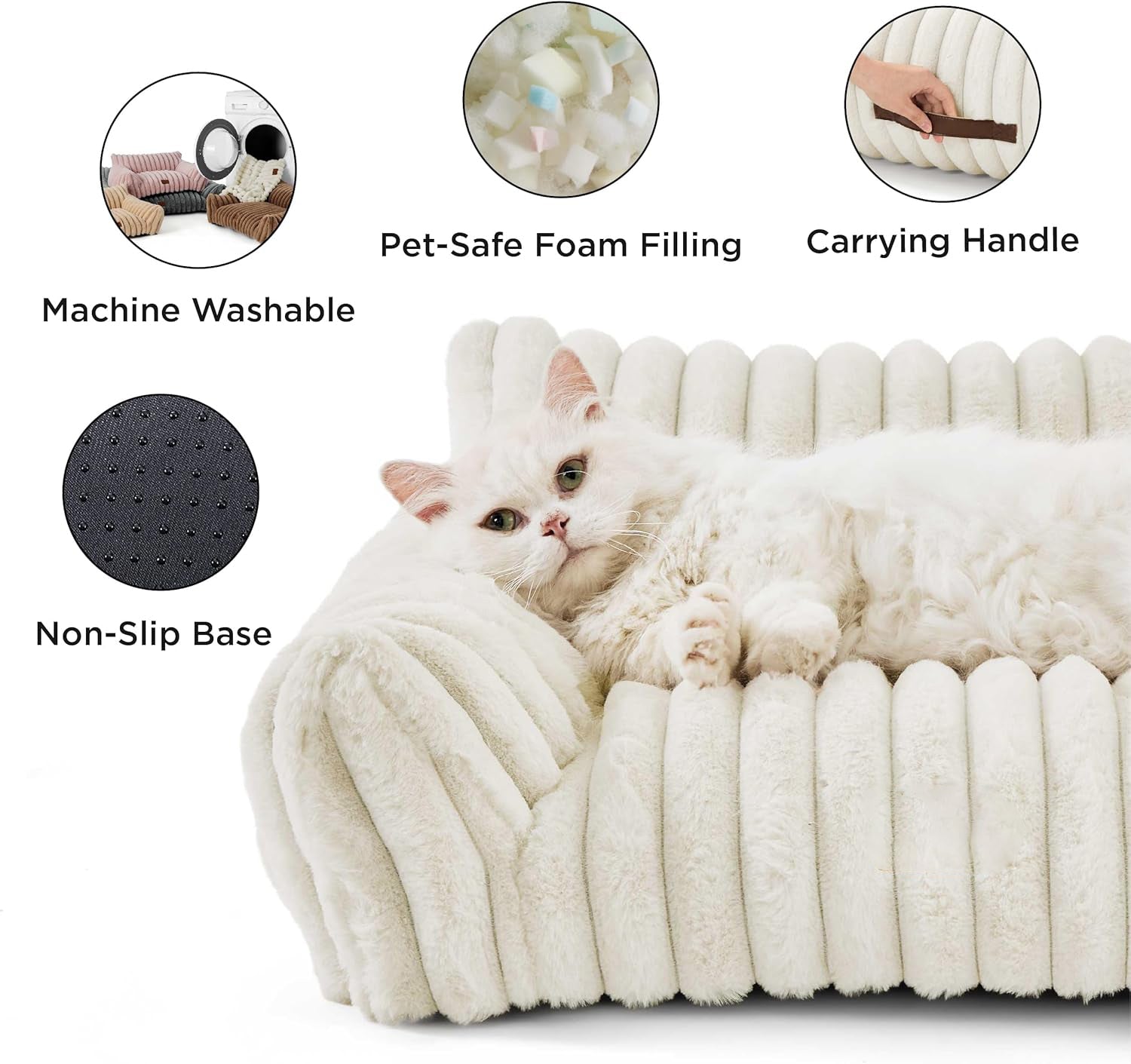 HKM-5650109 Fluffy Cat Couch Bed for Pets - Soft Corduroy Fleece with Supportive Three-Sided Design
