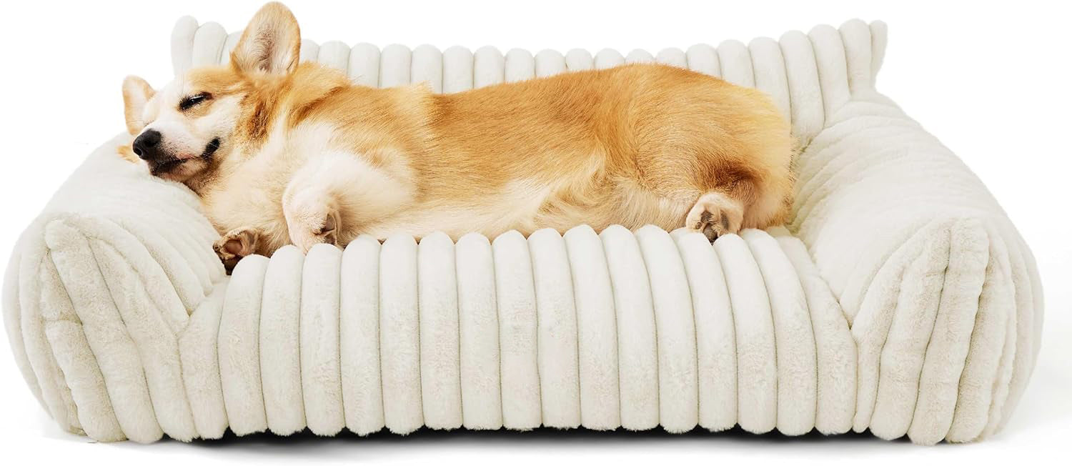 HKM-5650109 Fluffy Cat Couch Bed for Pets - Soft Corduroy Fleece with Supportive Three-Sided Design
