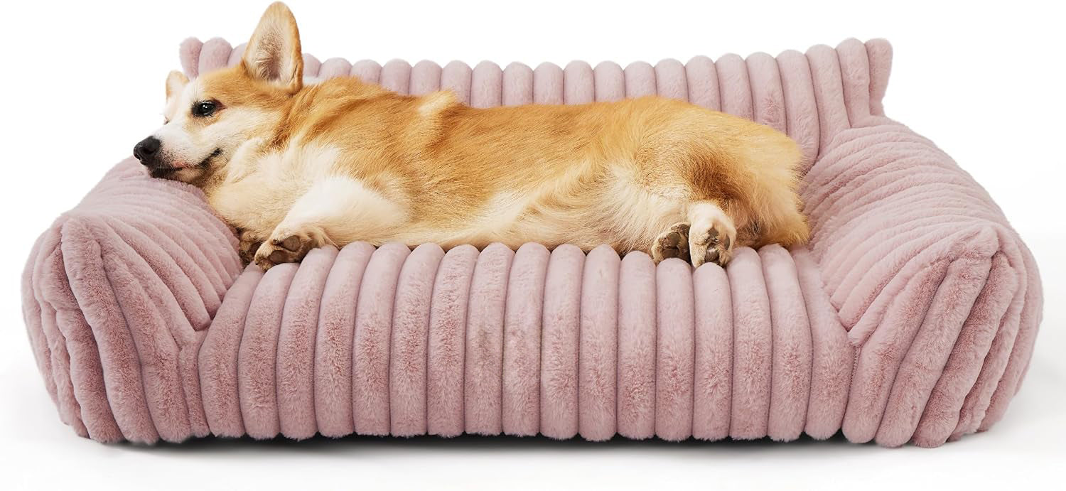 HKM-5650109 Fluffy Cat Couch Bed for Pets - Soft Corduroy Fleece with Supportive Three-Sided Design