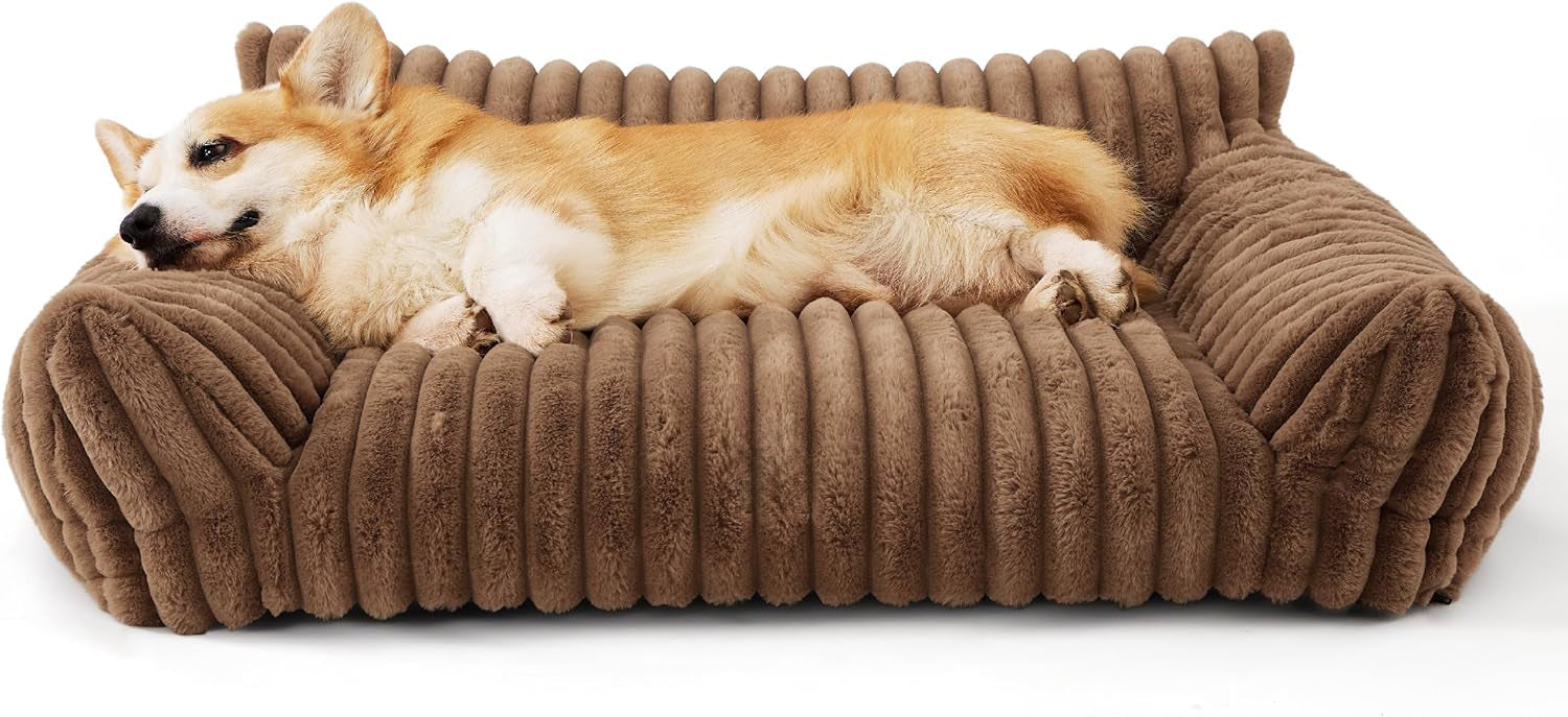 HKM-5650109 Fluffy Cat Couch Bed for Pets - Soft Corduroy Fleece with Supportive Three-Sided Design