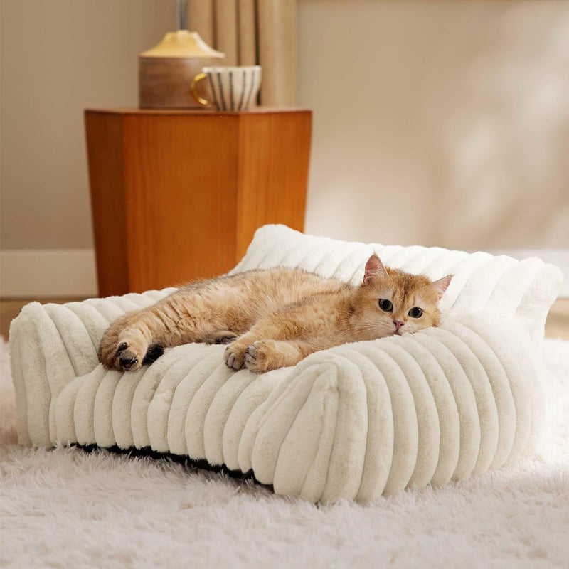 HKM-5650109 Fluffy Cat Couch Bed for Pets - Soft Corduroy Fleece with Supportive Three-Sided Design