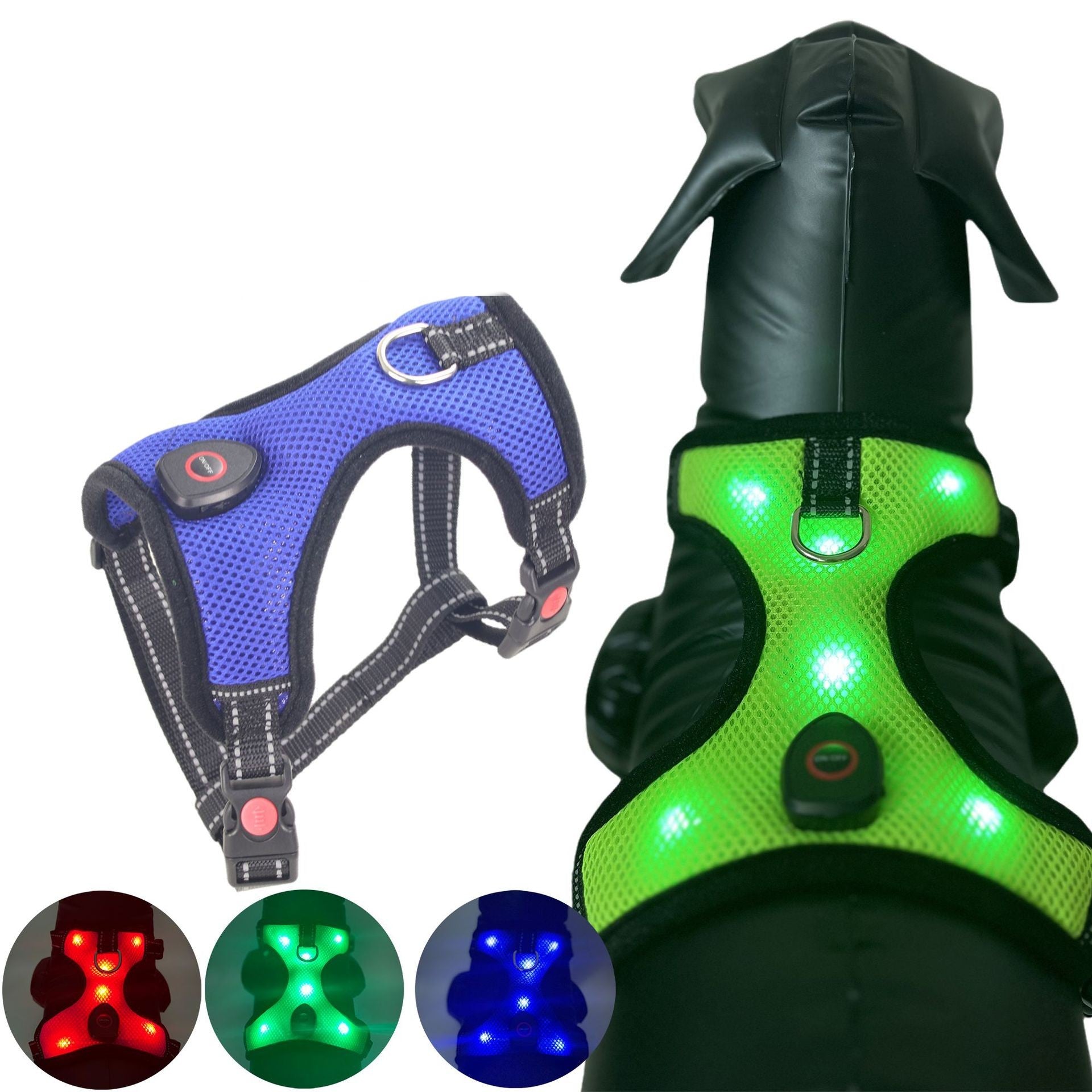 HKM-5651901 LED Luminous Pet Harness with USB Rechargeable Chest Strap - Available in Blue, Green, and Pink