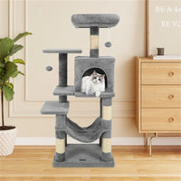 HKM-5652285 44" Multi-Level Cat Tree with Spacious Perch, Condo & Hammock for Indoor Cats - Light Gray