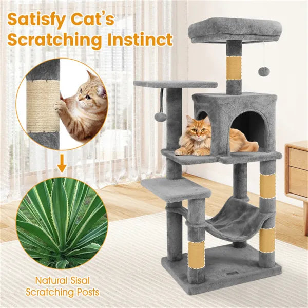 HKM-5652285 44" Multi-Level Cat Tree with Spacious Perch, Condo & Hammock for Indoor Cats - Light Gray