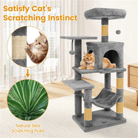 HKM-5652285 44" Multi-Level Cat Tree with Spacious Perch, Condo & Hammock for Indoor Cats - Light Gray