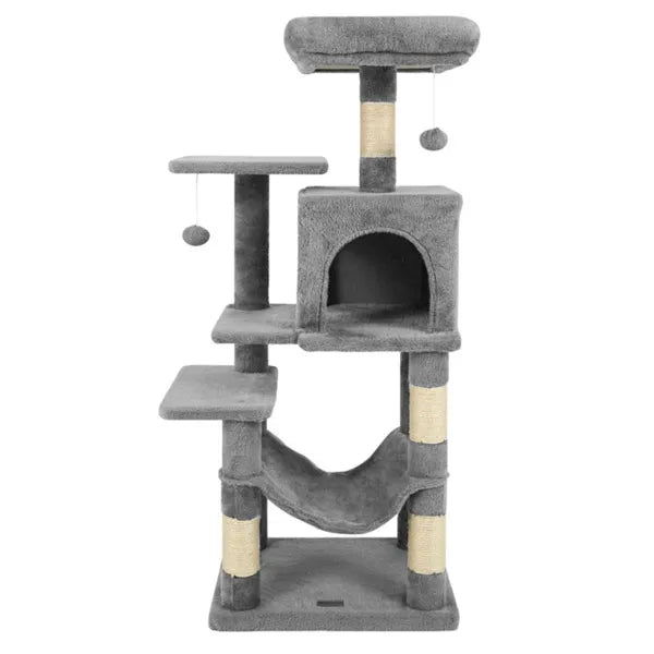HKM-5652285 44" Multi-Level Cat Tree with Spacious Perch, Condo & Hammock for Indoor Cats - Light Gray