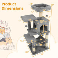 HKM-5652285 44" Multi-Level Cat Tree with Spacious Perch, Condo & Hammock for Indoor Cats - Light Gray