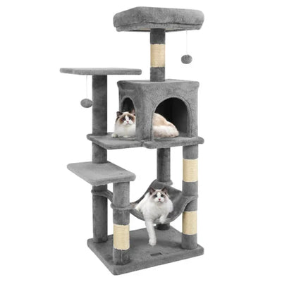 HKM-5652285 44" Multi-Level Cat Tree with Spacious Perch, Condo & Hammock for Indoor Cats - Light Gray