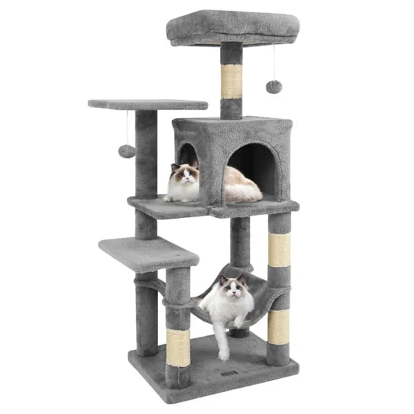 HKM-5652285 44" Multi-Level Cat Tree with Spacious Perch, Condo & Hammock for Indoor Cats - Light Gray