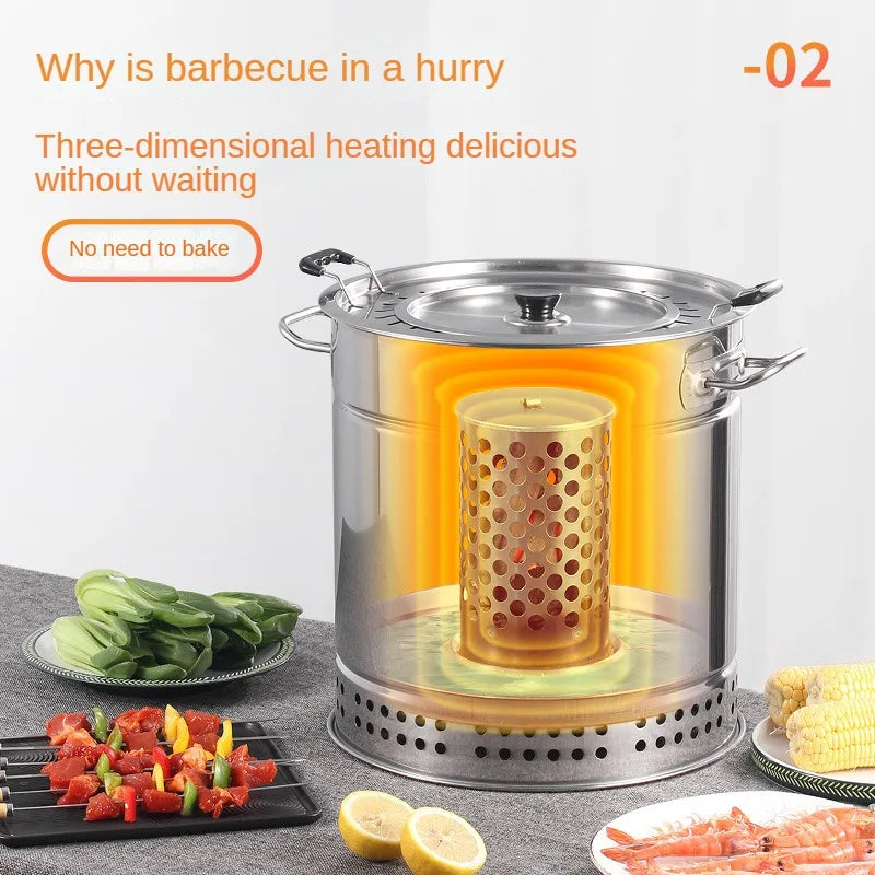 HKM-565267 Outdoor Portable Charcoal BBQ Grill - Stainless Steel Smokeless Camping Cooking Grill