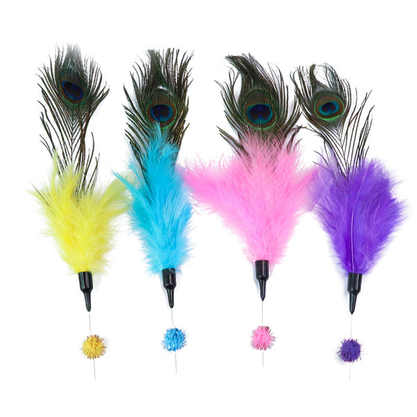 HKM-5653437 Feather Cat Wand with Bite-Resistant Stick - Colorful Peacock Feather for Playful Cats