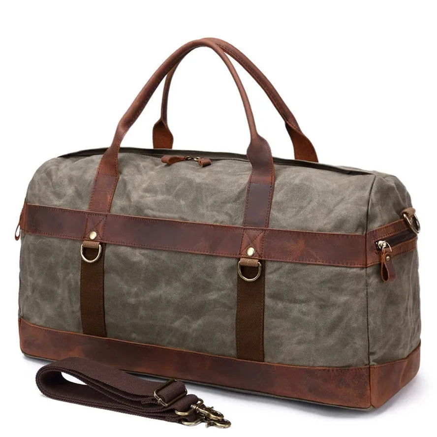 HKM-565971 Waterproof Waxed Canvas Duffel Bag with Full Grain Leather Accents – Large Capacity Travel and Sports Bag